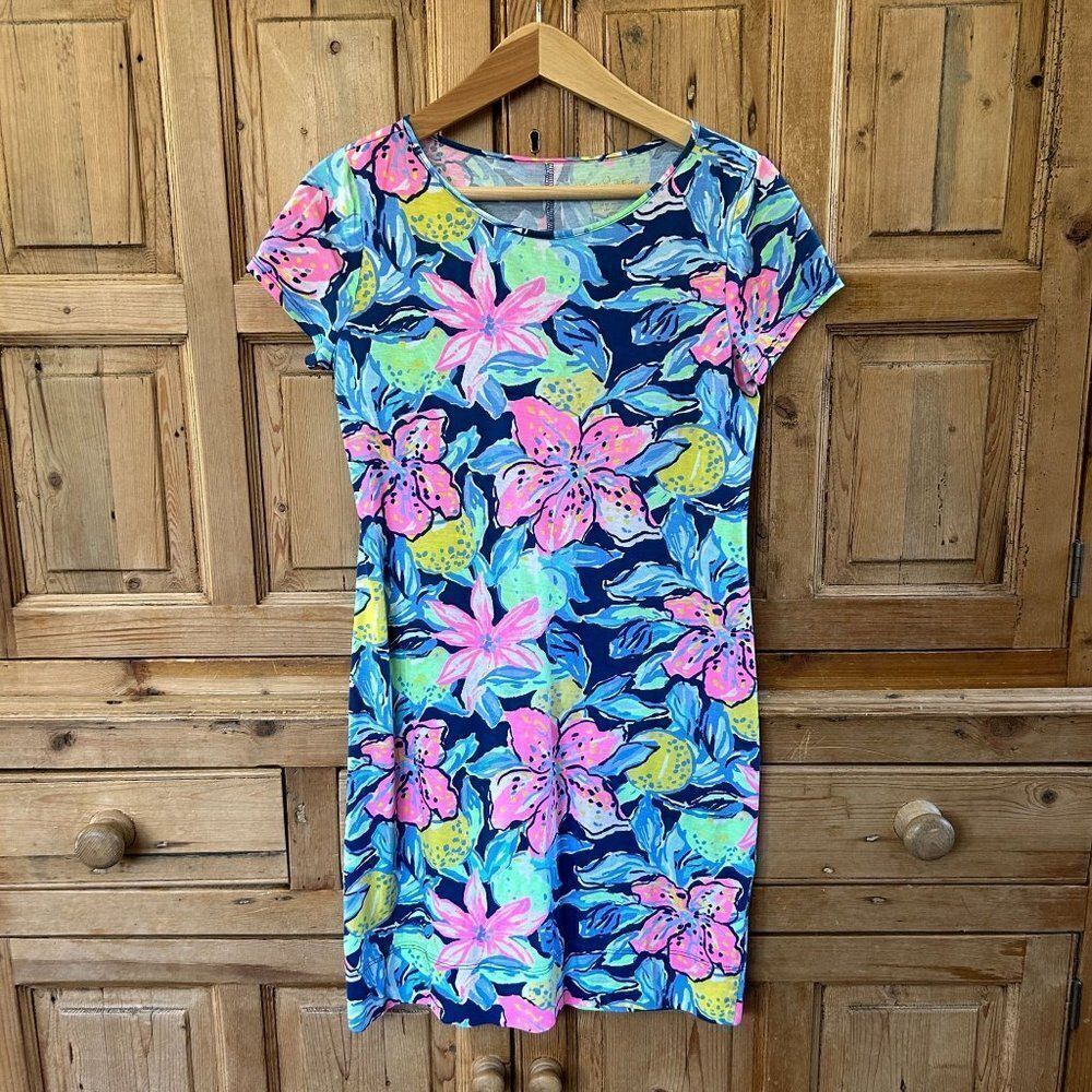 Lilly Pulitzer XS Marlowe Shirt Dress Navy Pink Colorful Short Sleeve Pima Cotto
